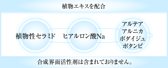 水、グリセリン、トレハロース、BG、ポリアクリル酸Na、ヒアルロン酸Na、ボタンエキス、アルテア根エキス、フユボダイジュ花エキス、アルニカ花エキス、コメヌカスフィンゴ糖脂質、水添レシチン、リゾレシチン、パラベン 