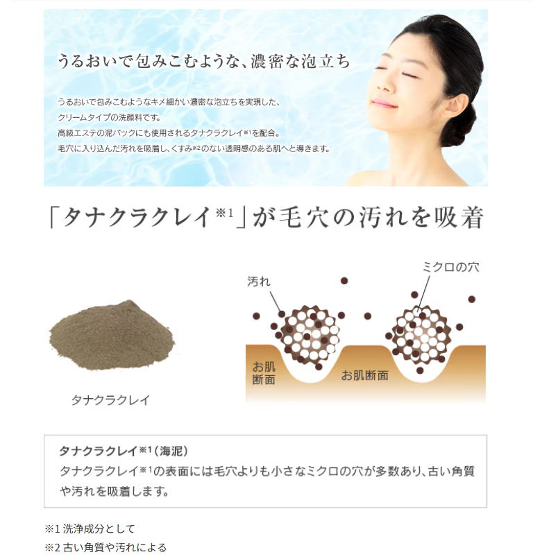 うるおいで包み込むようなキメ細かい濃密な泡立ちを実現したクリームタイプの洗顔料です。高級エステの泥パックにも使用されるタナクラクレイを配合。透明感のある肌へ導きます。